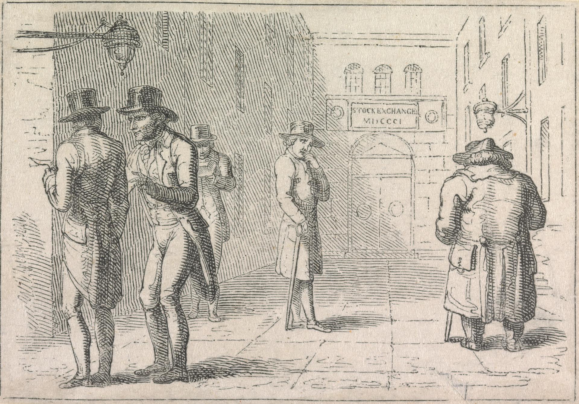1801 engraving: merchants talking outside the London Stock Exchange